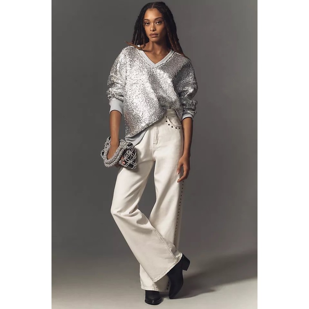 Anthropologie Pilcro Silver Foil Sweater | V-Neck Relaxed Fit